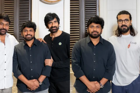 Chiranjeevi and Ram Charan meet Ravi Teja; congratulate ‘Irumudi’ team on its success