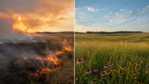 In 2002, a Kansas landowner began restoring 320 neglected acres with winter burns; 20 years later, native tallgrass and wildflowers had returned