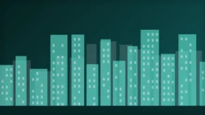 Abstract editorial illustration of a city skyline rendered as bar-chart columns in teal