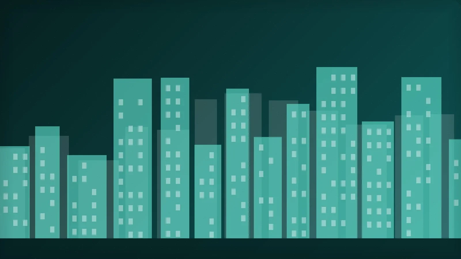 Abstract editorial illustration of a city skyline rendered as bar-chart columns in teal