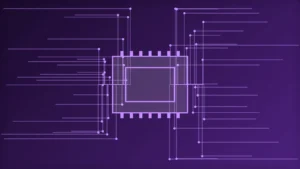 Abstract editorial illustration of circuit traces converging on a central processor die, in violet