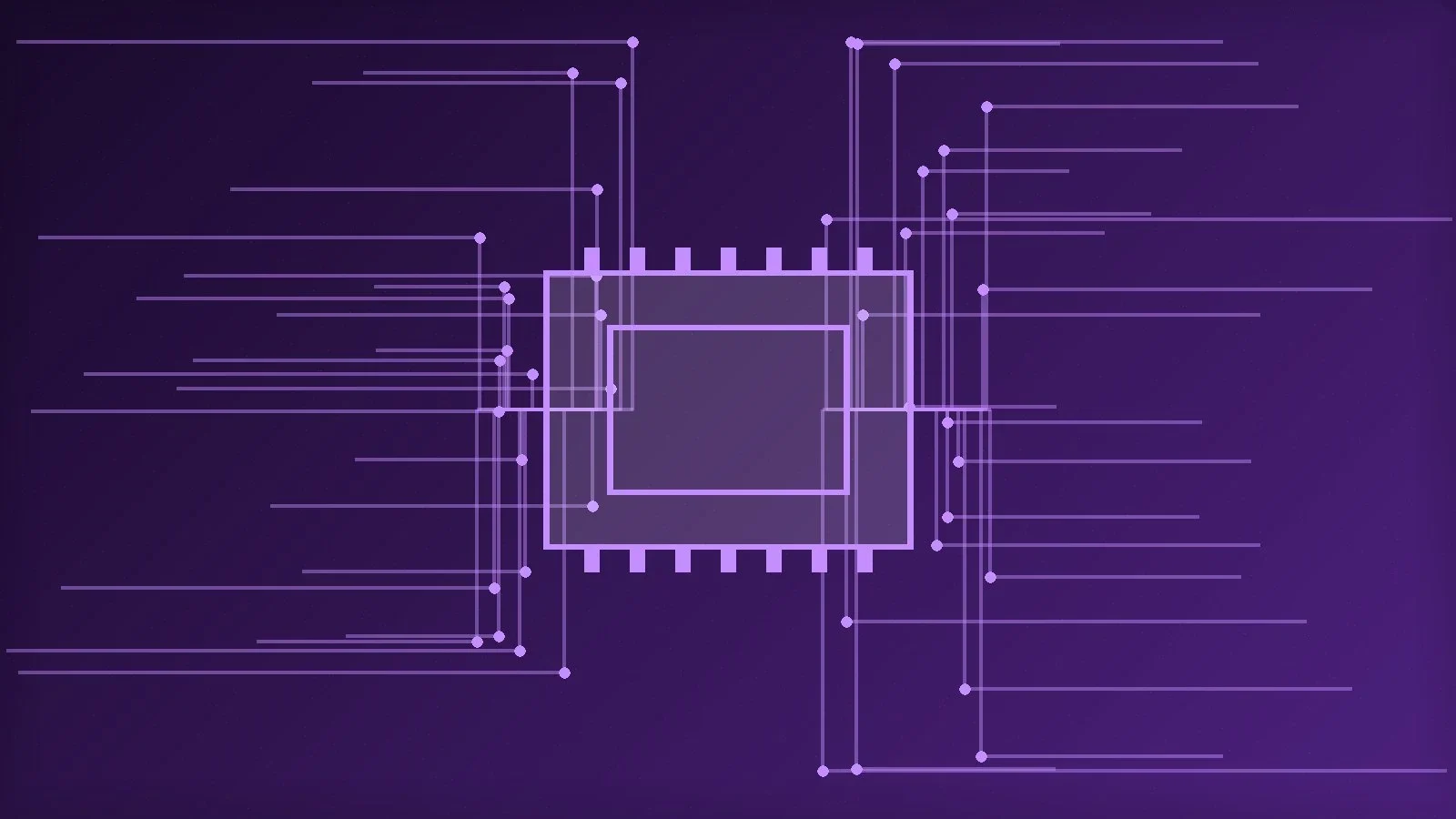Abstract editorial illustration of circuit traces converging on a central processor die, in violet
