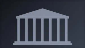 Abstract editorial illustration of classical columns and a pediment rendered in flat slate tones
