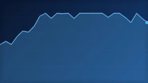 Abstract editorial illustration of a rising line chart with a shaded area beneath it on a deep blue field