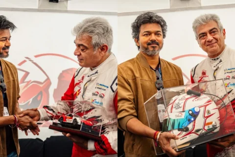 Vijay gifts Ajith Kumar a miniature race car, Ajith returns the gesture with a signed helmet