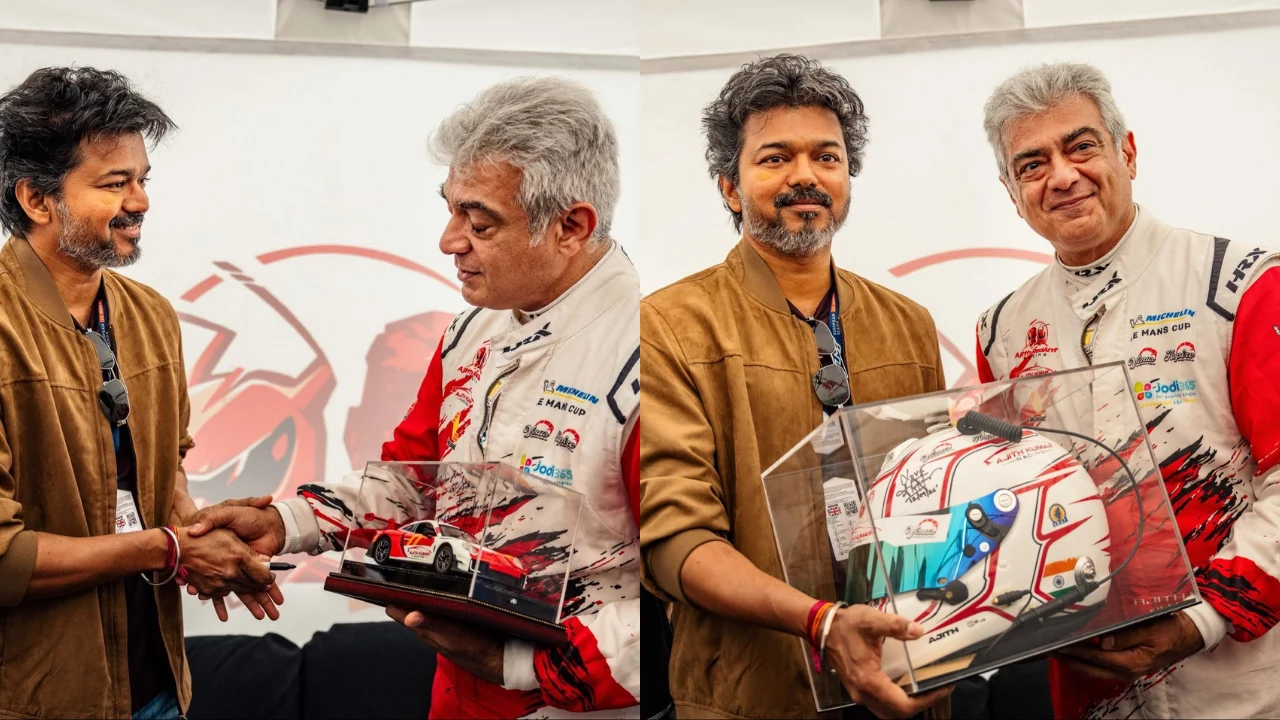 Vijay gifts Ajith Kumar a miniature race car, Ajith returns the gesture with a signed helmet
